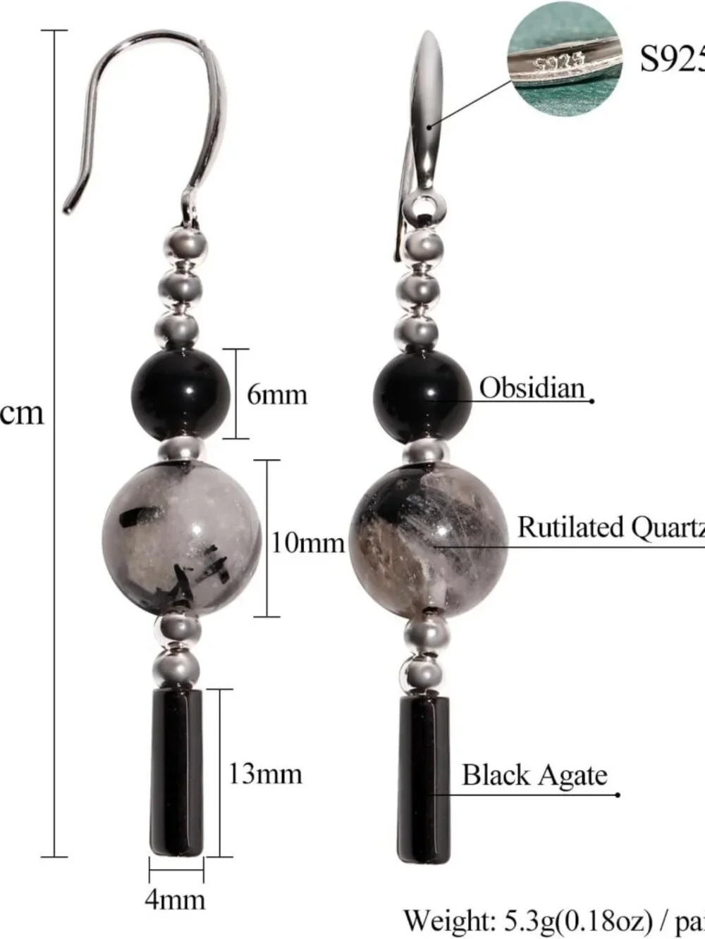 Trendy 925 Sterling Silver Dangle Earrings with Obsidian & Rutilated Quartz